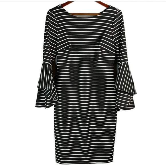 CALVIN KLEIN Striped Midi Dress Black White Ruffled Bell Sleeves Size 10 - Picture 2 of 12